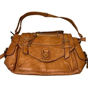 Call It Spring Messenger Bag Brown Cognac Flap Turn Lock Vintage Inspired Chic